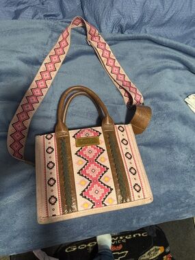 Wrangler Pink Patterned Crossbody Satchel with Brown Trim